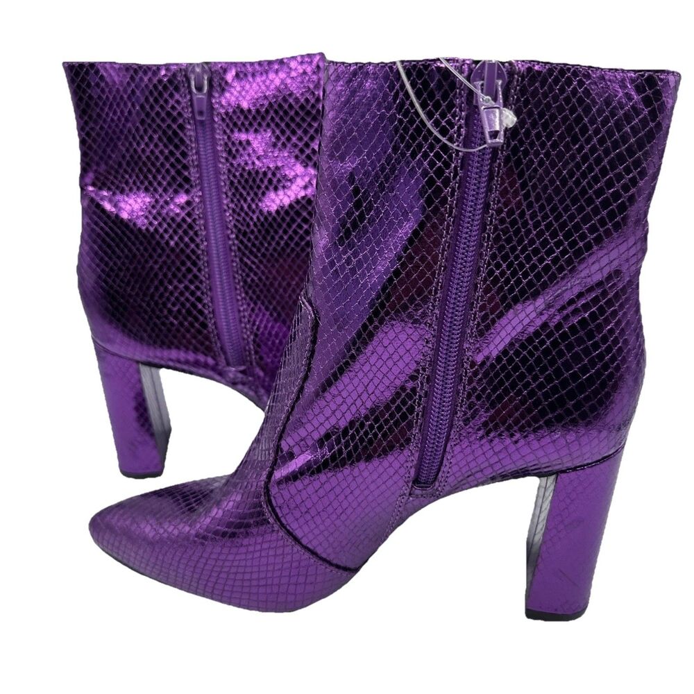 NEW INC Metallic Purple Snakeskin Glam Trendy Edgy Ankle Boots Size 7 1/2